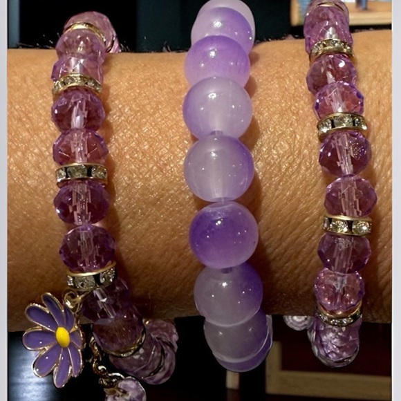 Jewelry - 🪷 Handcrafted Purple Beaded 3pc Bracelet Set & Silver earrings